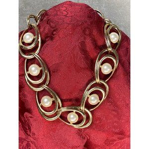 Vintage Signed "N" Faux Pearl Large Chain Chunky Statement Necklace 19" +